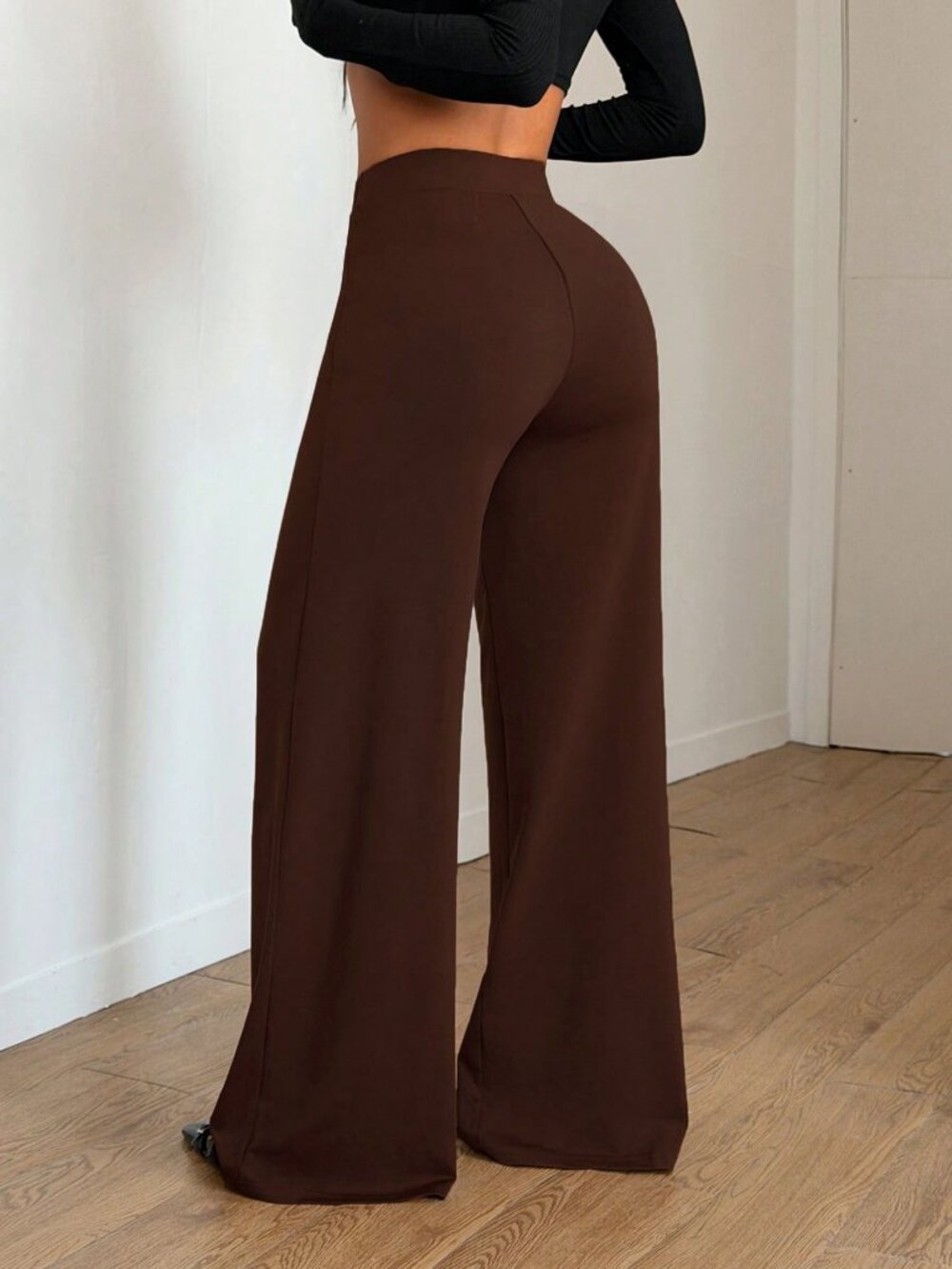 Brown Elegant Women's Regular Fit Elastic Waist Pocket Wide Leg Pants - Picture 3 of 7